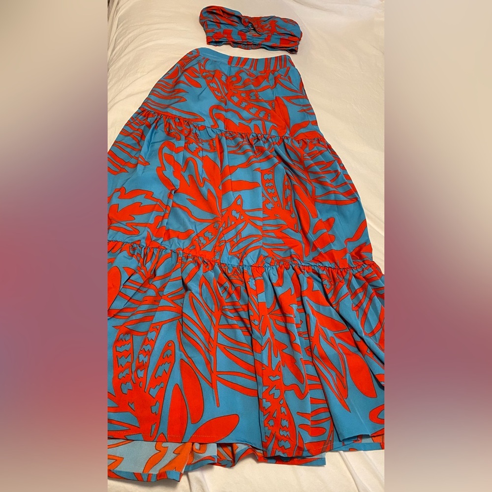 LUXXEL Vibrant Blue and Red Tropical Patterned Maxi Skirt and Crop Top Set